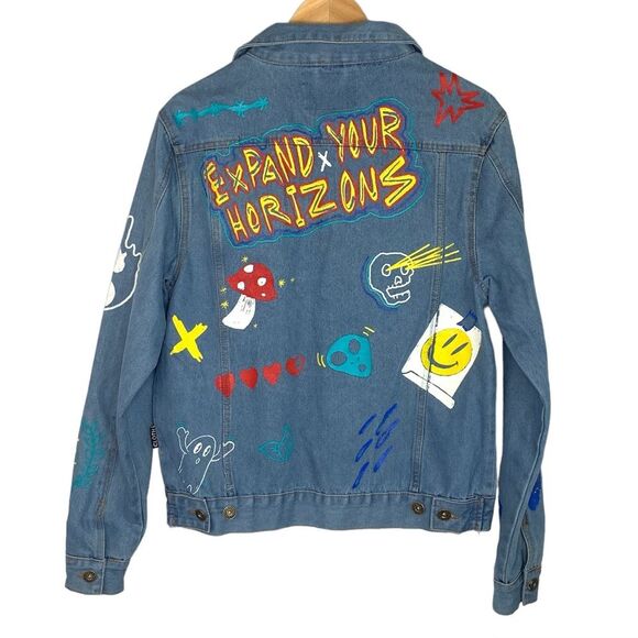 NWOT Brooklyn Cloth Streetwear Graffiti Denim Button Up Jacket unisex size small - Picture 2 of 14